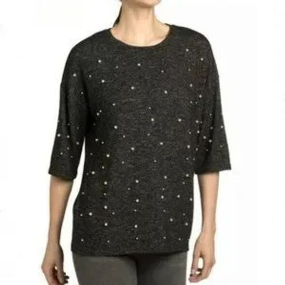 Chelsea & Theodore XL Heather Knit Top Pearl Studded 3/4 Sleeve Classic Workwear